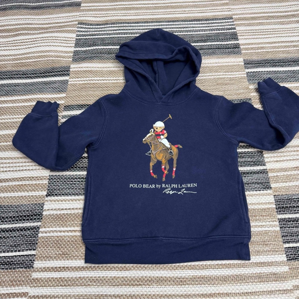 Polo Ralph Lauren Boys Polo Bear & Big‎ Pony Hoodie Pullover Navy Blue Size 7